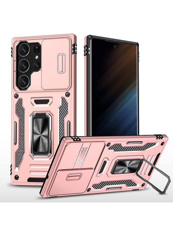 سامسونج غالاكسي S24 الترا الهاتف المحمول حالة ، حالة صدمة الهاتف المحمول ، وحماية ضد السقوط ، المدمج في انزلاق الكاميرا المضادة للخدش غطاء العدسة ، والتكامل 360 درجة دوار قوس دائري ، الوردي - Image 1