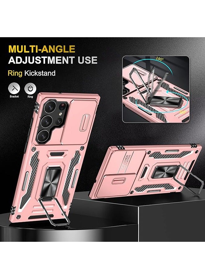 سامسونج غالاكسي S24 الترا الهاتف المحمول حالة ، حالة صدمة الهاتف المحمول ، وحماية ضد السقوط ، المدمج في انزلاق الكاميرا المضادة للخدش غطاء العدسة ، والتكامل 360 درجة دوار قوس دائري ، الوردي - Image 4