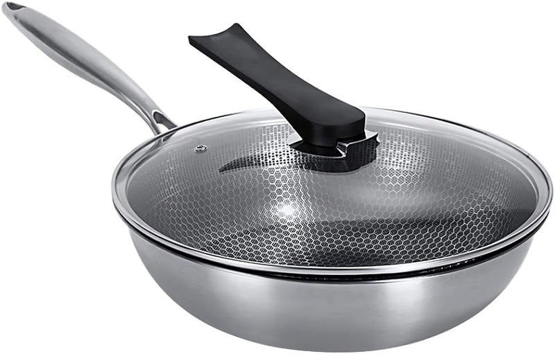 ECAPT 32 cm Double Sided Honeycomb 316 Stainless Steel Wok Effortless Cooking with ThreeLayer Steel NonStick Pan wsith Glass Lid - Image 1