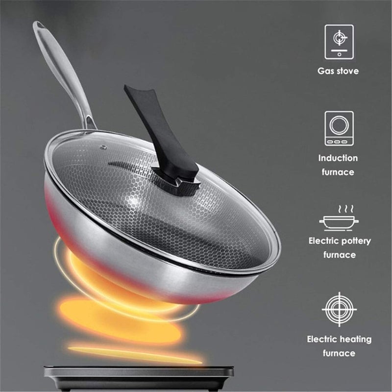 ECAPT 32 cm Double Sided Honeycomb 316 Stainless Steel Wok Effortless Cooking with ThreeLayer Steel NonStick Pan wsith Glass Lid - Image 4