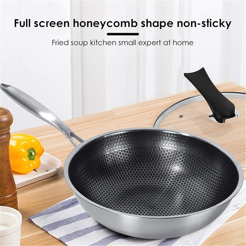 ECAPT 32 cm Double Sided Honeycomb 316 Stainless Steel Wok Effortless Cooking with ThreeLayer Steel NonStick Pan wsith Glass Lid - Image 3