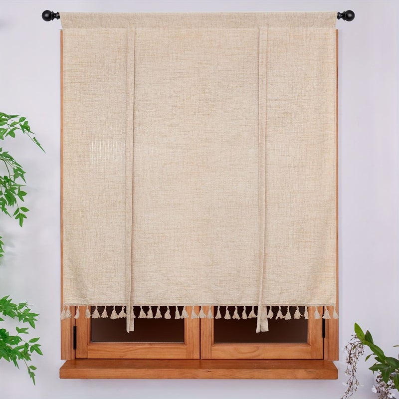 Boho Farmhouse Tassel Roman Blind Champagne Color 120cm 130cm 47 24in 51 18in 1 Panel Linen Look Pull Up Tie Up Blind Handmade Adjustable Height Natural Fall Pleats Semi Sheer Light Control for Kitchen Bathroom Study - Image 5