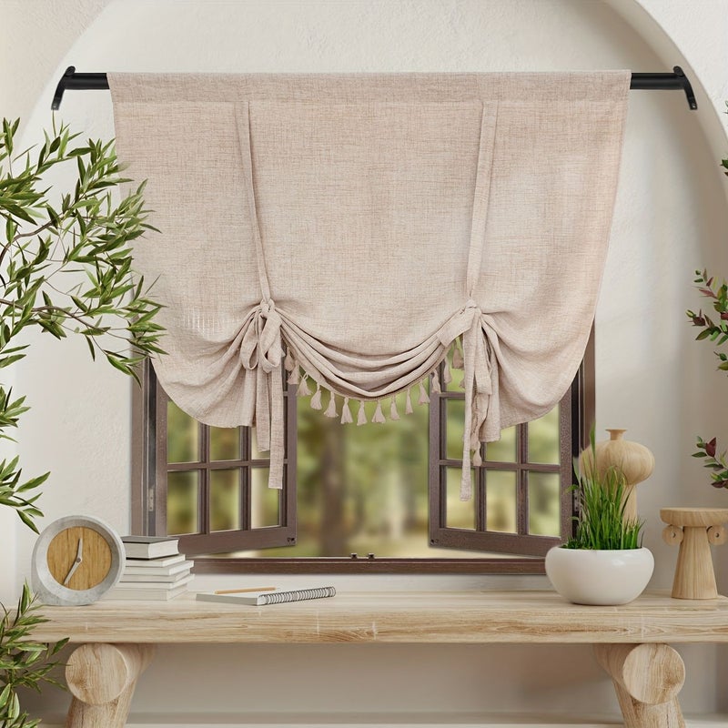 Boho Farmhouse Tassel Roman Blind Champagne Color 120cm 130cm 47 24in 51 18in 1 Panel Linen Look Pull Up Tie Up Blind Handmade Adjustable Height Natural Fall Pleats Semi Sheer Light Control for Kitchen Bathroom Study - Image 1