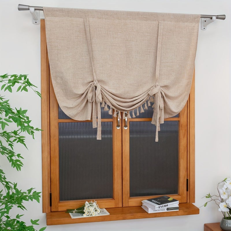 Boho Farmhouse Tassel Roman Blind Champagne Color 120cm 130cm 47 24in 51 18in 1 Panel Linen Look Pull Up Tie Up Blind Handmade Adjustable Height Natural Fall Pleats Semi Sheer Light Control for Kitchen Bathroom Study - Image 3