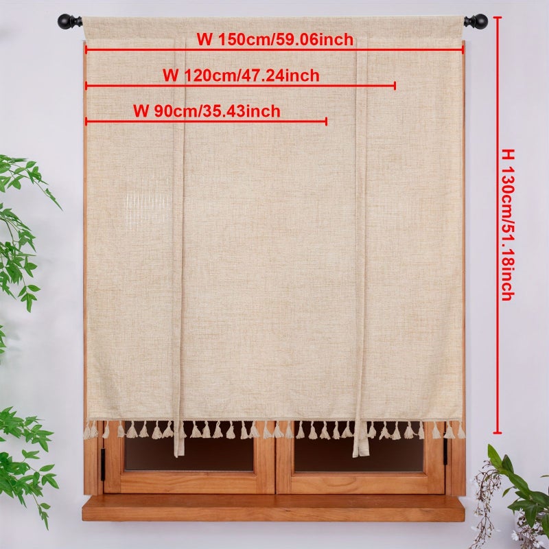 Boho Farmhouse Tassel Roman Blind Champagne Color 120cm 130cm 47 24in 51 18in 1 Panel Linen Look Pull Up Tie Up Blind Handmade Adjustable Height Natural Fall Pleats Semi Sheer Light Control for Kitchen Bathroom Study - Image 2