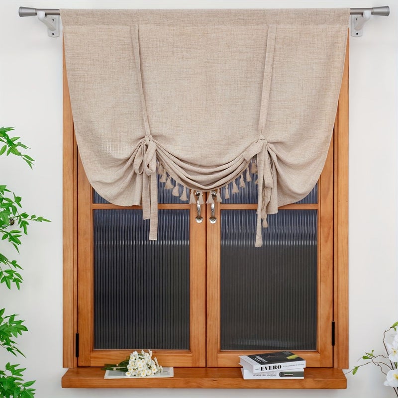 Boho Farmhouse Tassel Roman Blind Champagne Color 120cm 130cm 47 24in 51 18in 1 Panel Linen Look Pull Up Tie Up Blind Handmade Adjustable Height Natural Fall Pleats Semi Sheer Light Control for Kitchen Bathroom Study - Image 4