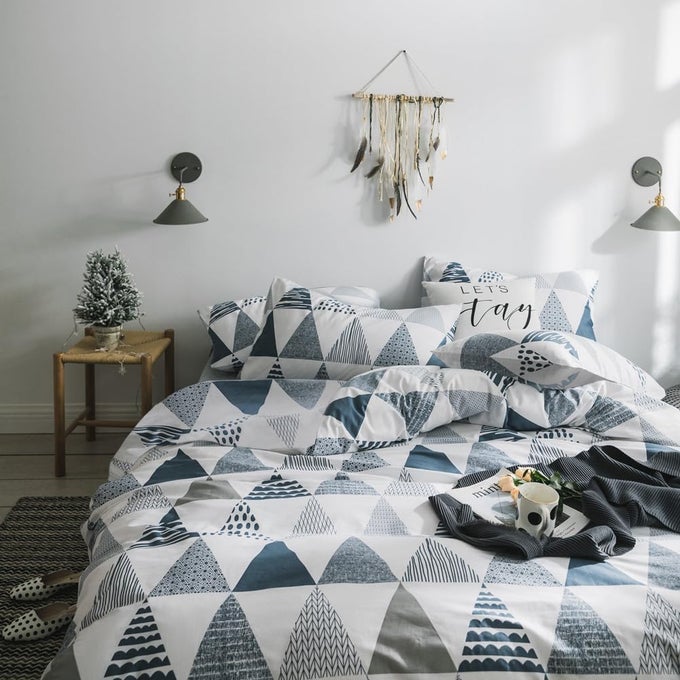 VCLIFE COTTON DUVET COVER QUEEN SIZE QUEEN GRAY BLUE WHITE TRIANGLE BEDDING SETS MODERN STYLE GEOMETRIC DUVET COVER ZIPPER CLOSURE CORNER TIES BREATHABLE LIGHTWEIGHT