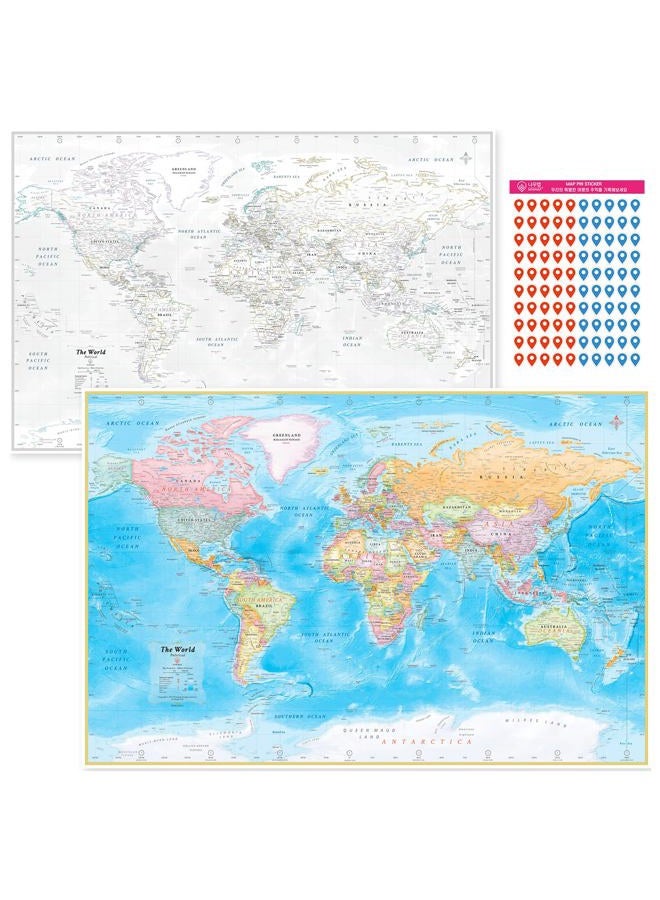 NOWMAP AquaShield Double-Sided World Map Waterproof Poster 24h x 36w Large Wall Decor - Folded with (Pin Stickers) - Image 1