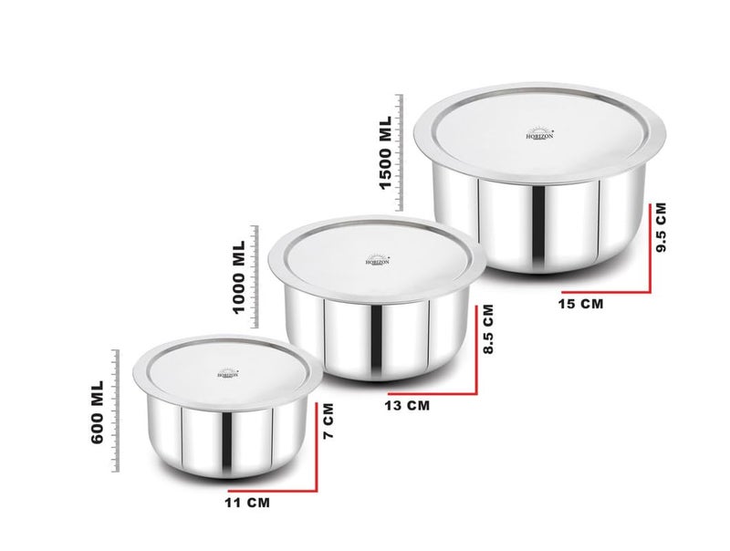 HORIZON Stainless Steel Tope Set 18 Guage 7X9 | 600ML | 1000ML | 1500ML Pack of 3 Pcs Set - Image 3