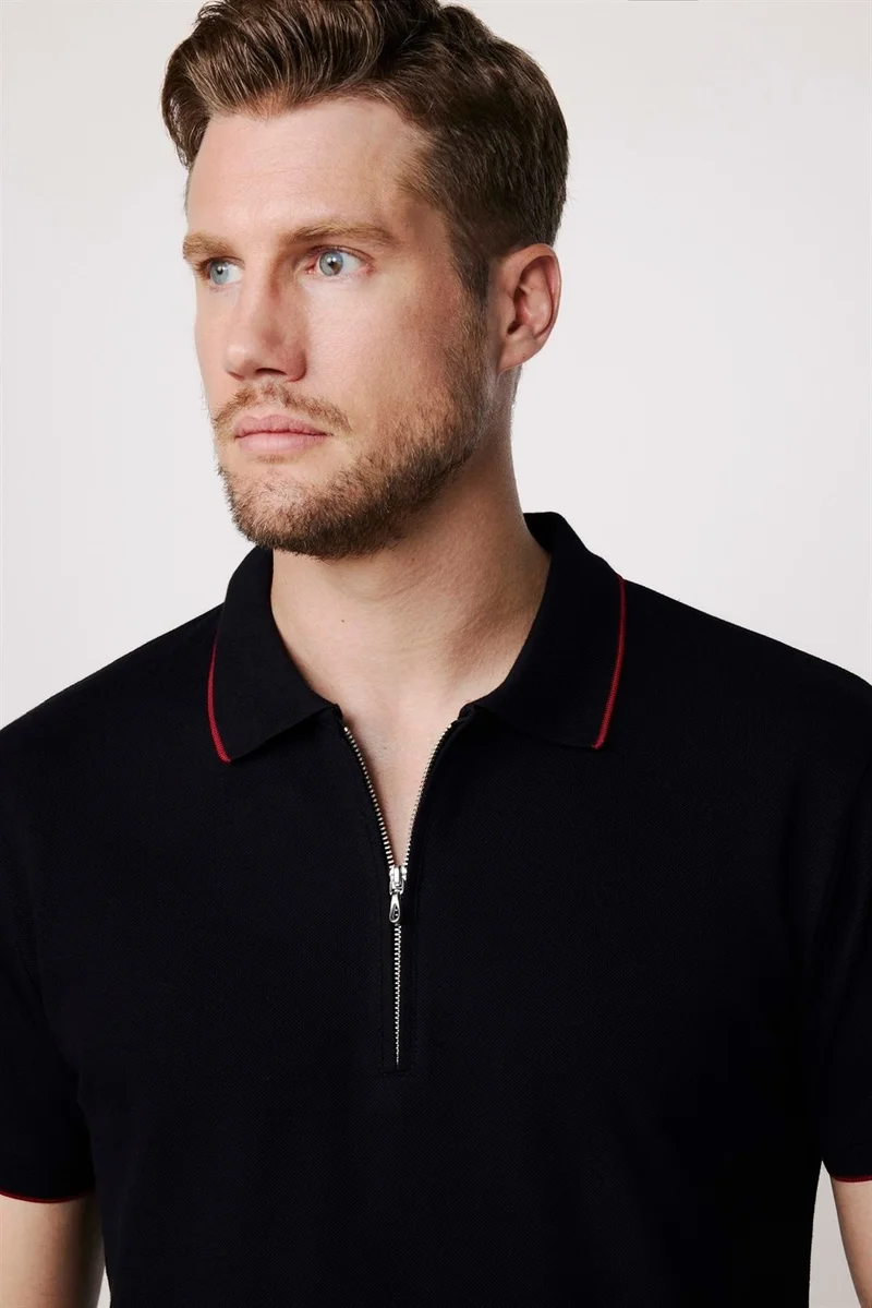 Tudors Men's Polo Neck Slim Fit Cotton Zipper Pique Black T-Shirt