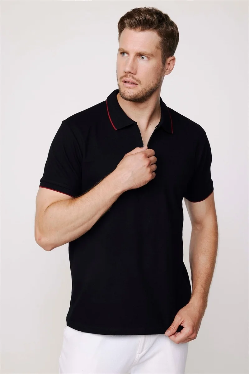 Tudors Men's Polo Neck Slim Fit Cotton Zipper Pique Black T-Shirt