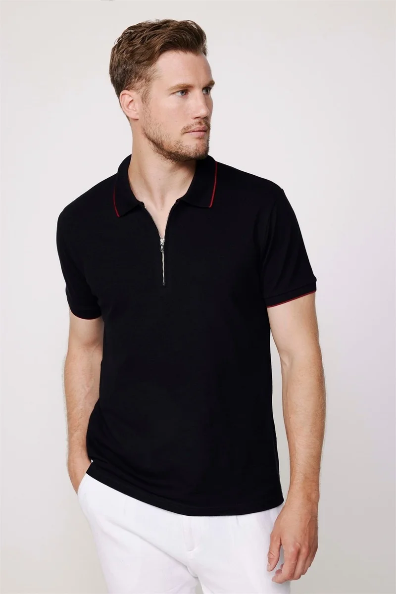 Tudors Men's Polo Neck Slim Fit Cotton Zipper Pique Black T-Shirt
