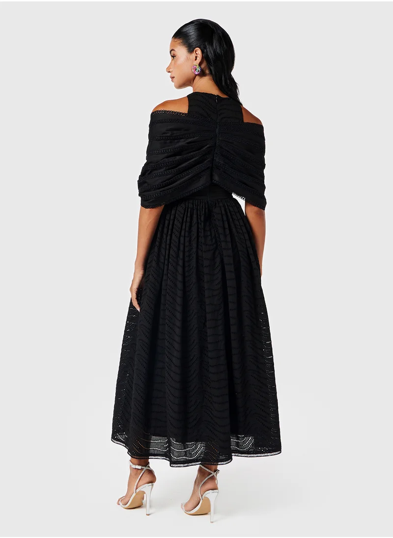 Threadz by Ajooni Off Shoulder Schiffli Skirt Dress