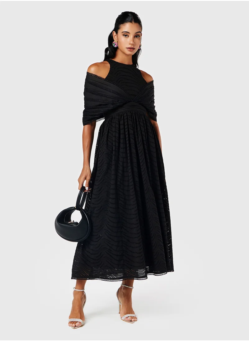 ثريدز باي اجوني Off Shoulder Schiffli Skirt Dress