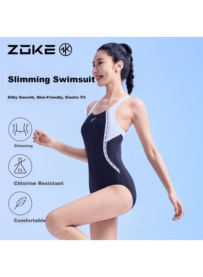Zoke Women's One-piece Triangle Swimsuit Comfortable Chlorine-resistant Sun-protective Professional Swim Training 125301109-2 Black/white M