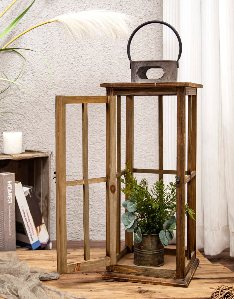 TIMRIS Large Farmhouse Wooden Metal Lantern Set of 2, Rustic Decorative Floor Candle Lanterns, Vintage Distressed Hanging Lanterns for Home DÃ©cor (No Glass) - Image 5
