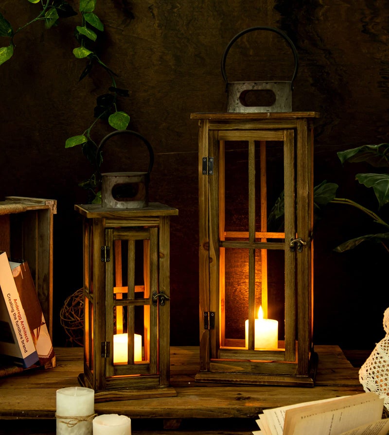 TIMRIS Large Farmhouse Wooden Metal Lantern Set of 2, Rustic Decorative Floor Candle Lanterns, Vintage Distressed Hanging Lanterns for Home DÃ©cor (No Glass) - Image 3