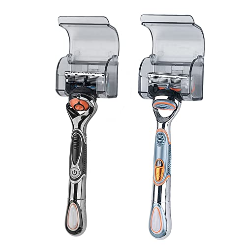 LUEXBOX 2 Pcs Plastic Razor Holders with Cover for Shower Wall, Self Adhesive Waterproof Razor Rack for Bathroom, Compatible with Fusion 5 Proglide, Mach 3 Classic(Grey) - Image 1