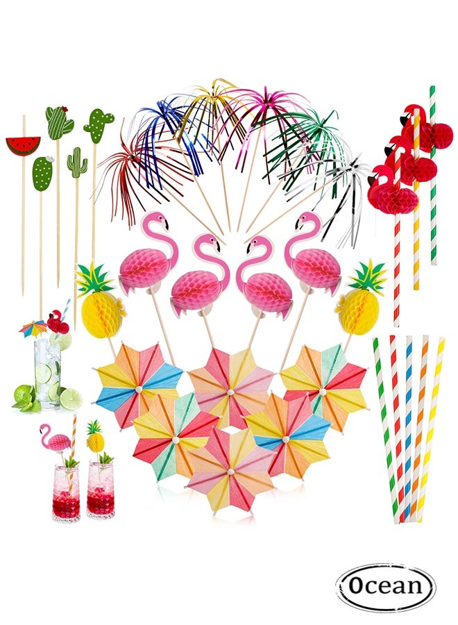 أوشن 140 قطعة من أجهزة الكمبيوتر الغذائية الحزب ملصقات الأسنان ، الملصقات ، المظلات ، الألعاب النارية العصي ، ملونة عصي الاضطراب ، القش ، ملحقات العصير للحزب الصيفي ، حفل الزفاف ، بار ، المشروبات - Image 1
