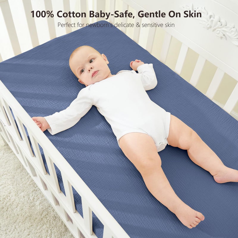 Bearmoss Muslin Crib Sheets 100% Cotton Baby Crib Sheets Soft&Breathable Nursery Sheet 52"x28" for Standard Crib Mattress&Toddler Bed Mattress - 2 Pack (Blue Crescent) - Image 2