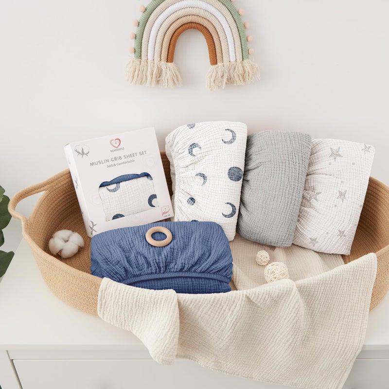 Bearmoss Muslin Crib Sheets 100% Cotton Baby Crib Sheets Soft&Breathable Nursery Sheet 52"x28" for Standard Crib Mattress&Toddler Bed Mattress - 2 Pack (Blue Crescent) - Image 5