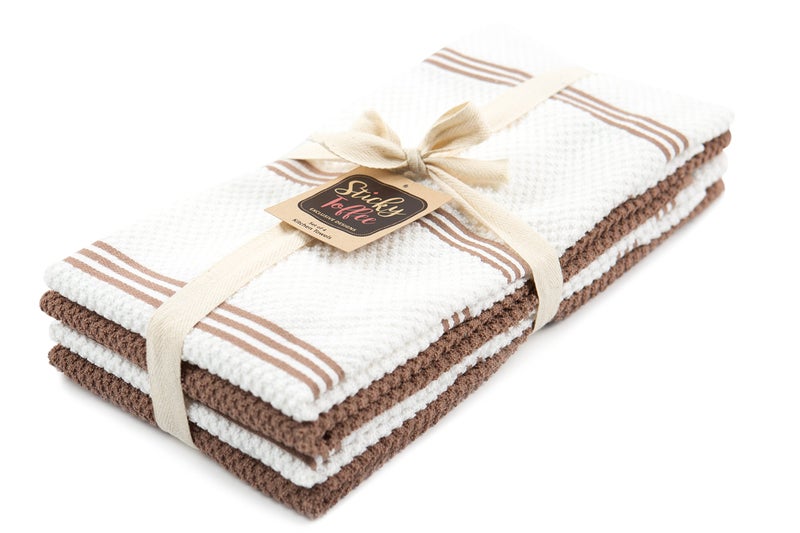 Sticky Toffee Kitchen Towels Dish Towels 100% Cotton  Set of 4  Brown and White Hand Towels  Tea Towels  Reusable and Absorbent Cleaning Cloths  Oeko-Tex Cotton  28 in x 16 in  - Image 1