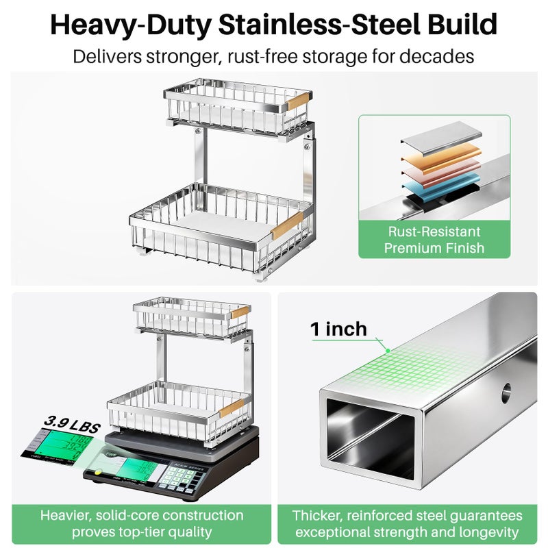 Kitstorack Under Sink Organizer, Stainless Steel 2 Packs 2 Tier Under Sink Organizers and Storage, Slide out Pull out Cabinet Shelf, Sliding Drawer for Kitchen Bathroom Pantry Cabinet Closet Organization Rack - Image 2