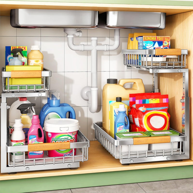 Kitstorack Under Sink Organizer, Stainless Steel 2 Packs 2 Tier Under Sink Organizers and Storage, Slide out Pull out Cabinet Shelf, Sliding Drawer for Kitchen Bathroom Pantry Cabinet Closet Organization Rack - Image 1