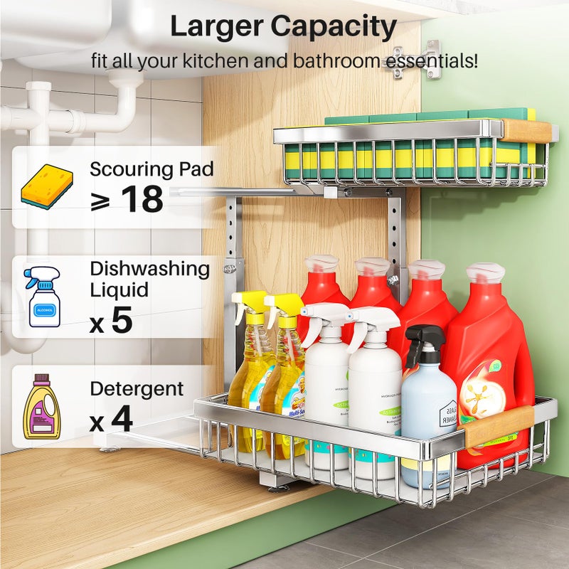 Kitstorack Under Sink Organizer, Stainless Steel 2 Packs 2 Tier Under Sink Organizers and Storage, Slide out Pull out Cabinet Shelf, Sliding Drawer for Kitchen Bathroom Pantry Cabinet Closet Organization Rack - Image 4