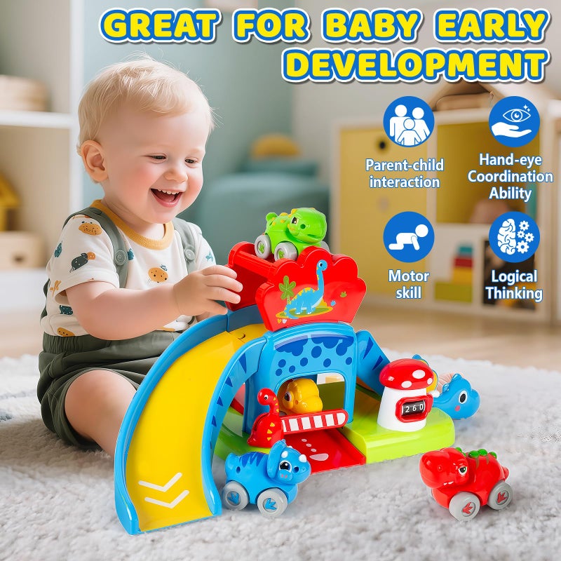 LACCHOUFEE Dinosaur Car Ramp Toy for Toddlers 1-3, Drop & Go Ramp Racer with 4 Mini Cars, Educational Toy for 1 2 Year Old Boys Girls, First Birthday Gift - Image 2