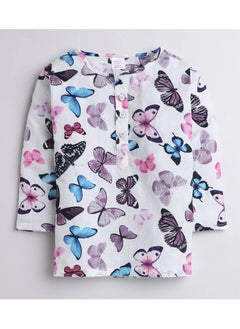 Polka Tots Polka Tots Full Sleeves Night Wear Butterfly Kurta Pyjama - White  - Image 1
