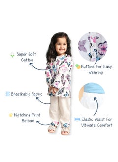 Polka Tots Polka Tots Full Sleeves Night Wear Butterfly Kurta Pyjama - White  - Image 5