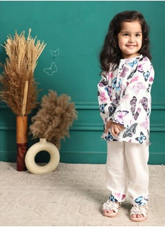 Polka Tots Polka Tots Full Sleeves Night Wear Butterfly Kurta Pyjama - White  - Image 4