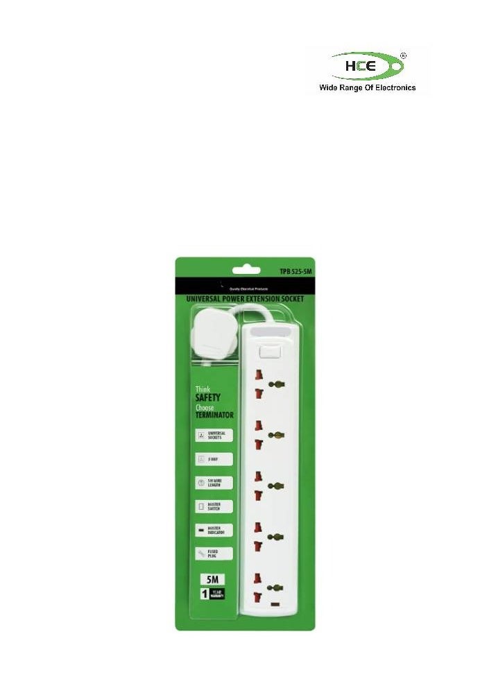 HCE 5 Way Universal Power Extension Socket With Master Switch, Indicator and 5M Cable 