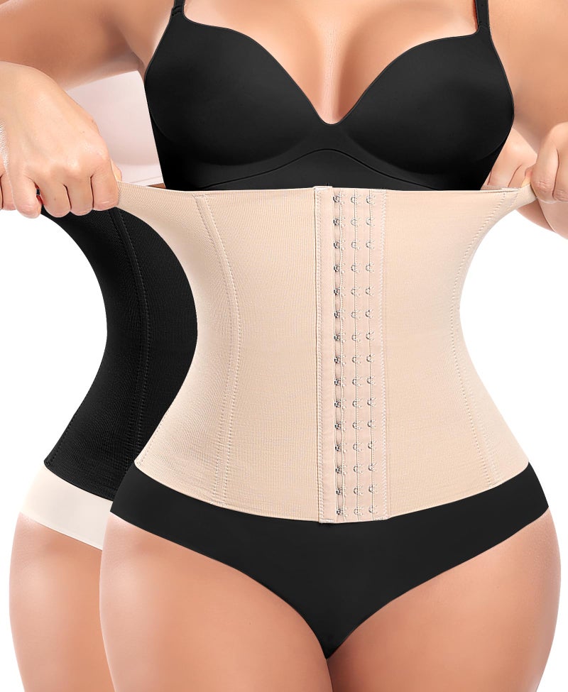 Werena Short Torso Waist Trainer for Women Underbust Corset Shapewear Tummy Control Waist Cincher Body Shaper Workout Sports Girdle(A# Black+beige-1, Large) - Image 3
