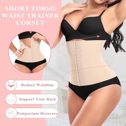 Werena Short Torso Waist Trainer for Women Underbust Corset Shapewear Tummy Control Waist Cincher Body Shaper Workout Sports Girdle(A# Black+beige-1, Large) - Image 4