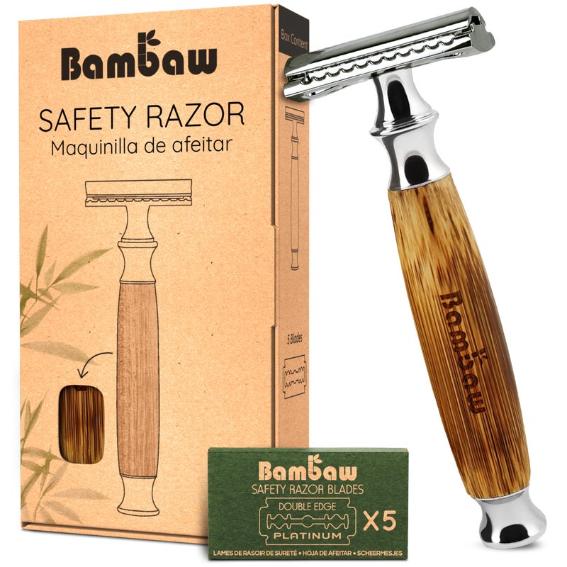 Bambaw Double Edge Safety Razor for Men & Women, Double Edge Razor with 5 Blades, Eco-Friendly Safety Razors, Reusable & Plastic Free â€“ Thick Bamboo Silver - Image 1
