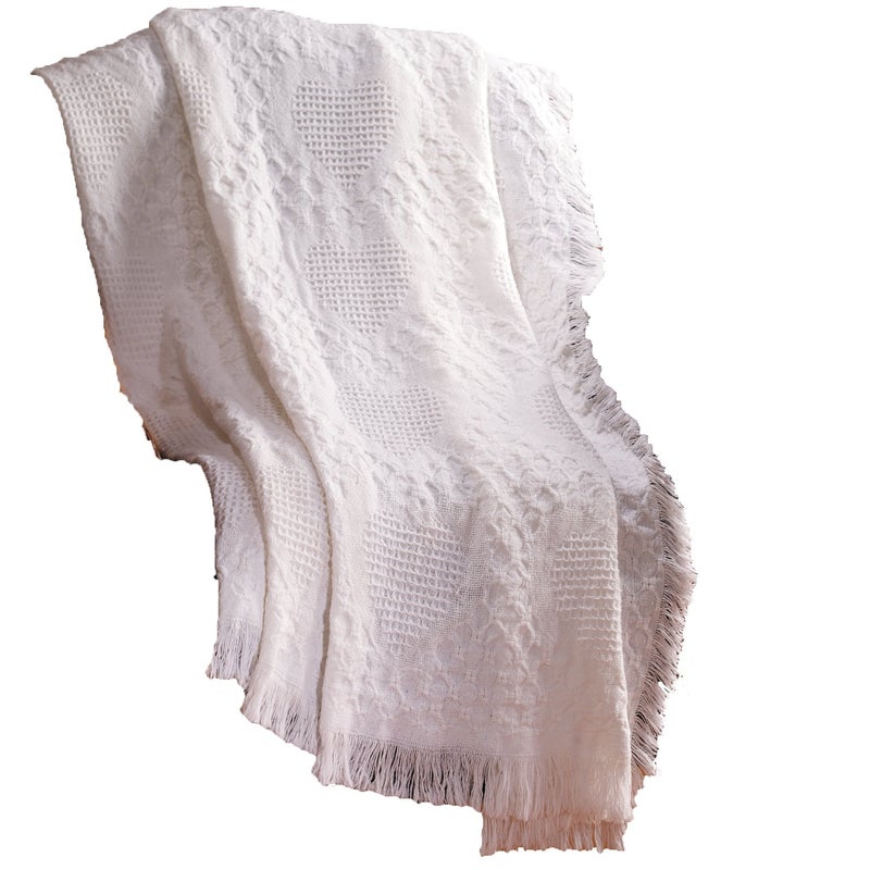 Manual Woodworker Manual 46 X 60-Inch Basketweave Heart 2-Layer Cotton Throw Blanket, White - Image 2