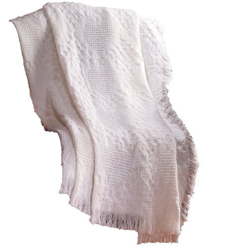 Manual Woodworker Manual 46 X 60-Inch Basketweave Heart 2-Layer Cotton Throw Blanket, White - Image 1