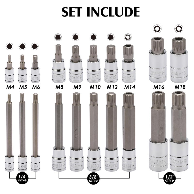 MIXPOWER 20PCS 1/4", 3/8", 1/2" Drive Spline Tip Bit Socket Set, M4-M18, 4" Length, Standard&Extra Long, XZN Triple Square Socket Set - Image 2