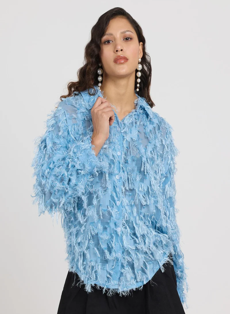 بينيا كولادا Women's Powder Blue All-Over-Tassel Shirt For Casual Wear | Spread Collar | Long Sleeves | Button Closure | Shirt Designed With Comfortable Fit For Woman & Girls