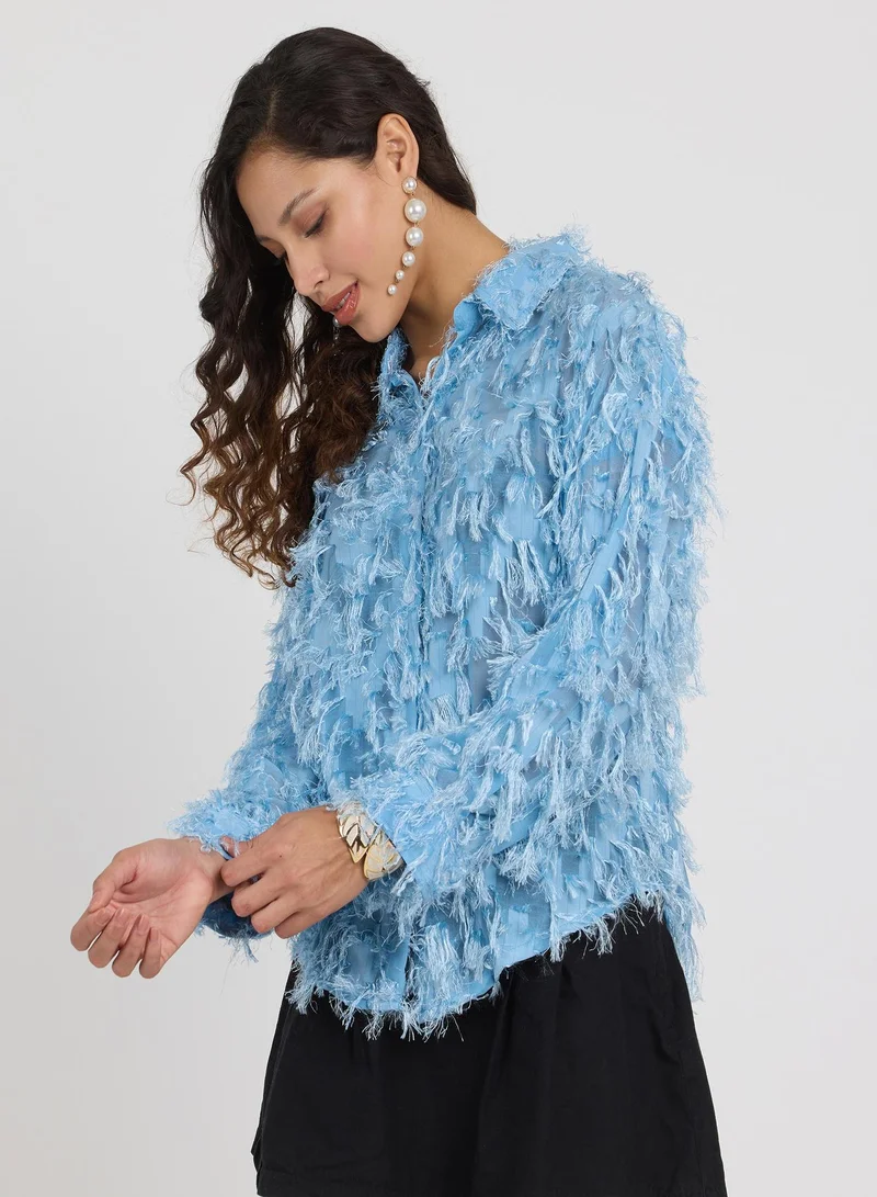 PINACOLADA Women's Powder Blue All-Over-Tassel Shirt For Casual Wear | Spread Collar | Long Sleeves | Button Closure | Shirt Designed With Comfortable Fit For Woman & Girls