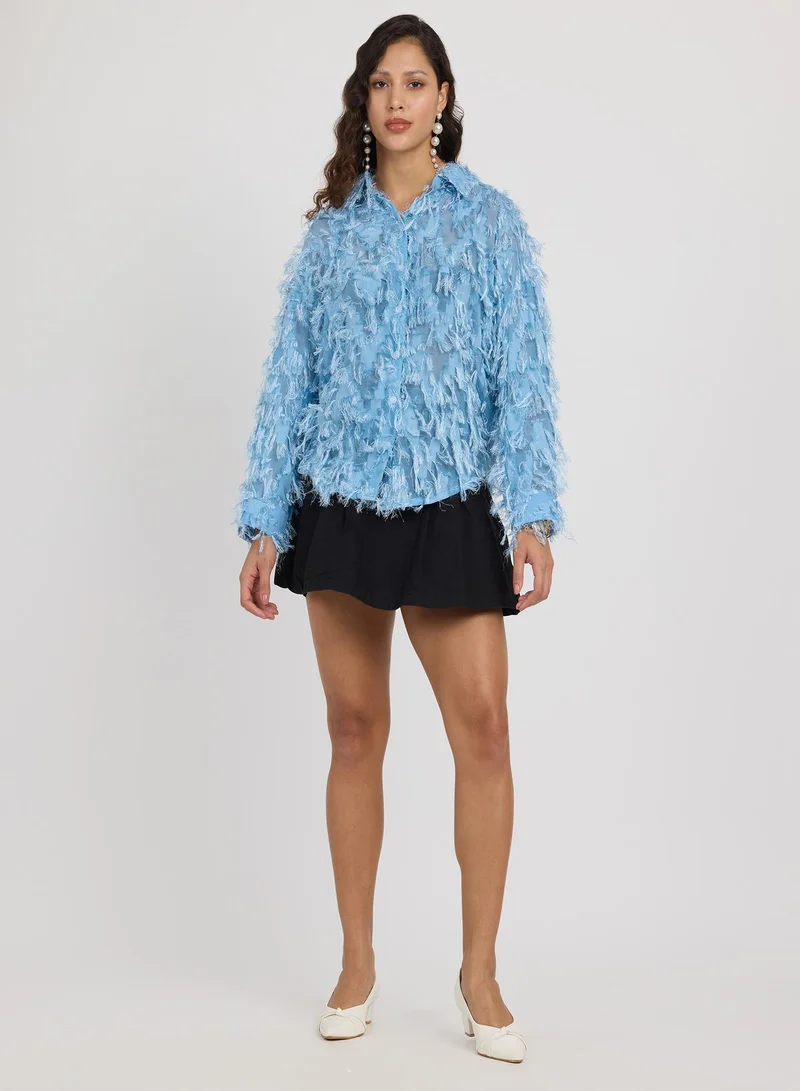 PINACOLADA Women's Powder Blue All-Over-Tassel Shirt For Casual Wear | Spread Collar | Long Sleeves | Button Closure | Shirt Designed With Comfortable Fit For Woman & Girls