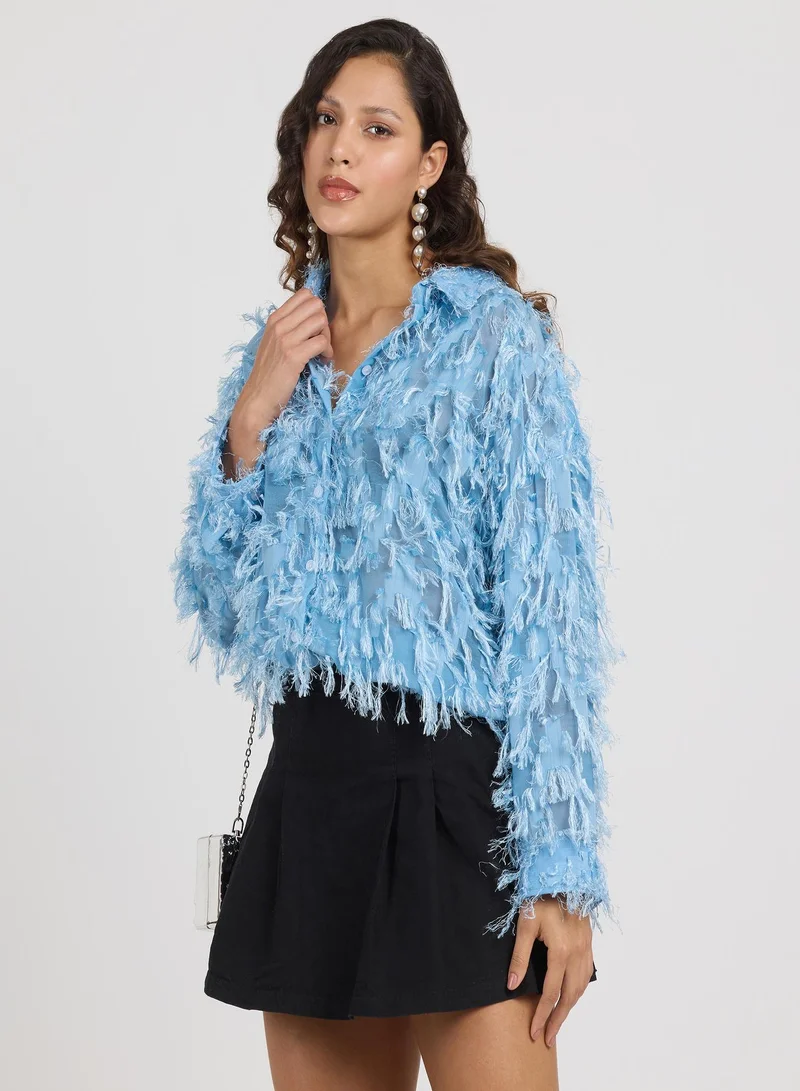 بينيا كولادا Women's Powder Blue All-Over-Tassel Shirt For Casual Wear | Spread Collar | Long Sleeves | Button Closure | Shirt Designed With Comfortable Fit For Woman & Girls