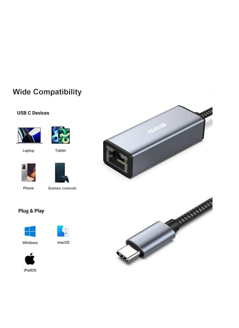 Benfei - BENFEI USB A/C to RJ45 Adapter New USB 2.0 to 100 Gigabit Ethernet LAN Network Adapter - Image 1