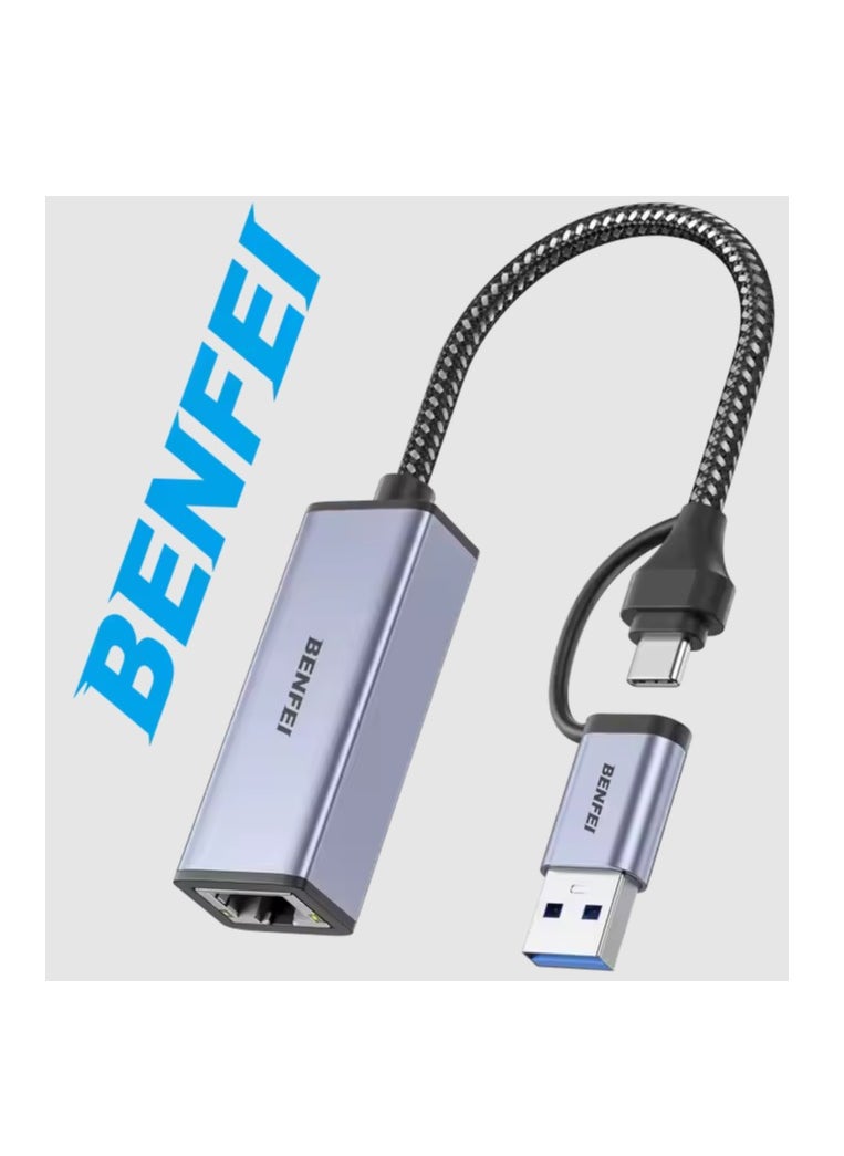 Benfei - BENFEI USB A/C to RJ45 Adapter New USB 2.0 to 100 Gigabit Ethernet LAN Network Adapter - Image 1