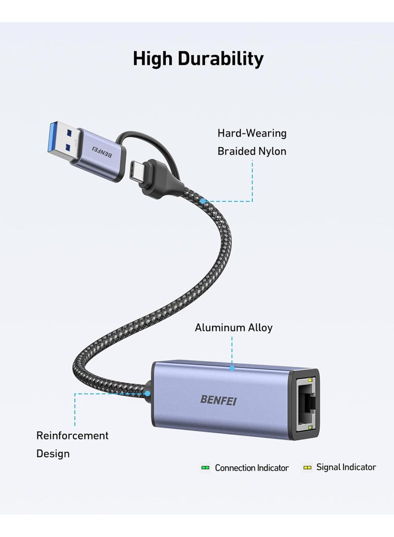 BENFEI USB A/C to RJ45 Adapter New USB 2.0 to 100 Gigabit Ethernet LAN Network Adapter