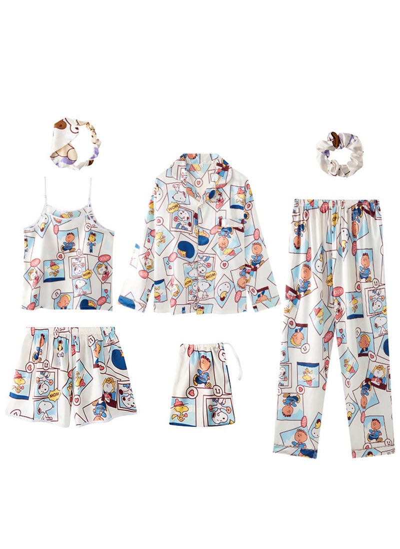 Generic - 7pcs pajamas set for women in all seasons imitation silk pajamas set - Image 1