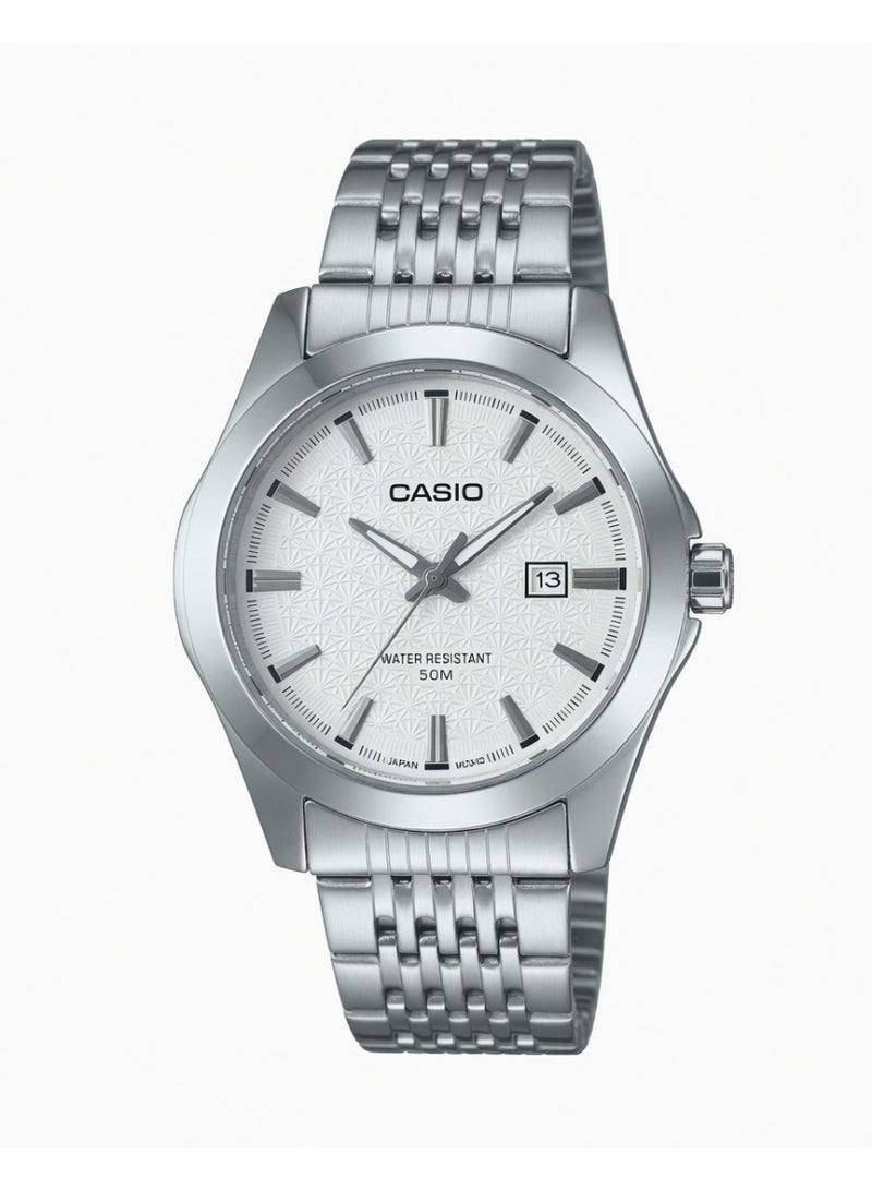 Casio Enticer Men’s Dress Watch with White Geometric Pattern Dial and Stainless Steel Bracelet - Model MTP-VD03D-7A