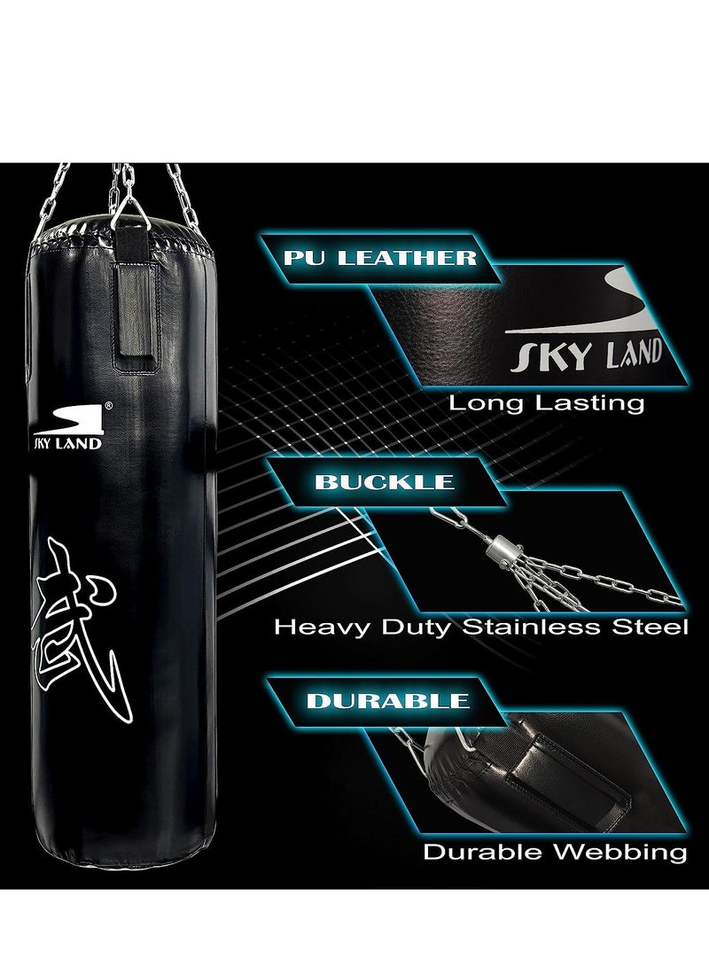 Sky Land حقيبة ملاكمة مع سلسلة وحقيبة جلدية PU ثقيلة (معبأة) | حقيبة ملاكمة للكيك بوكسينغ، الكاراتيه، موياي تاي للبالغين/الأطفال، سوداء - Image 2